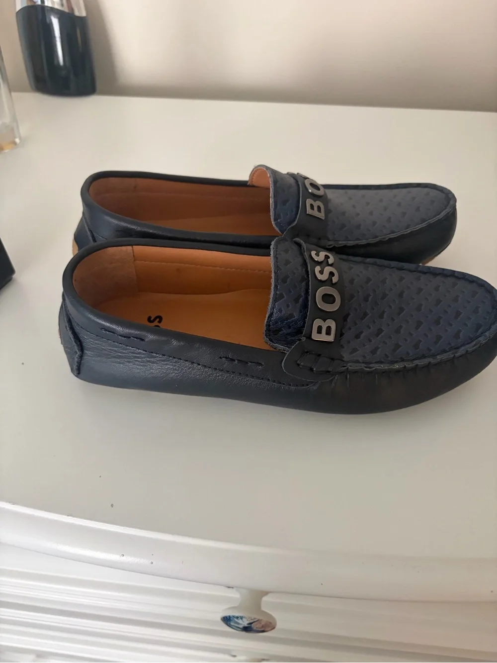 Boss Navy Textured Leather Loafers with Metal Logo